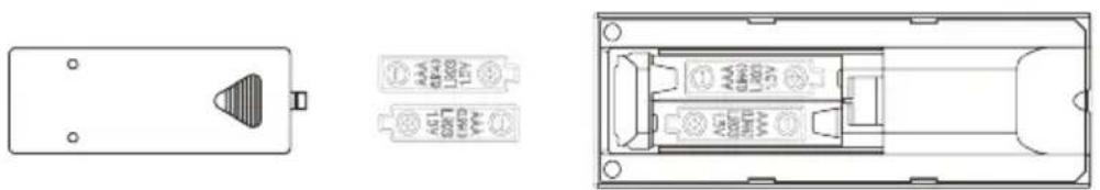 Technical diagram showing front, top, and side views of a device with labeled components and indicators