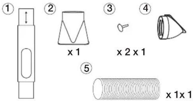 Diagram showing five labeled parts of a mechanical or architectural component, including a cylindrical block, conical shapes, and a pin.