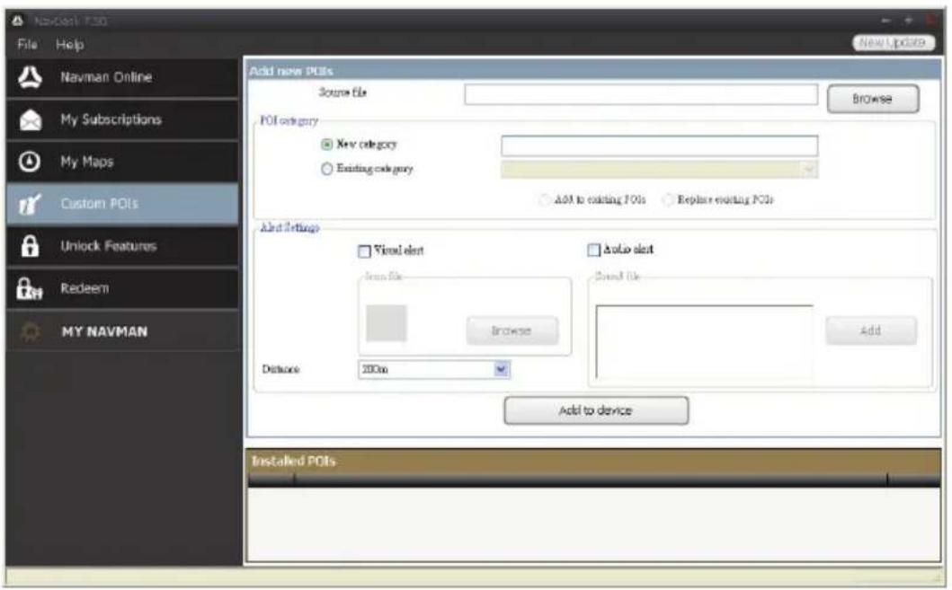 NavGen1.730 File Help Navman Online My Subscriptions My Maps Custom POIs Unlock Features Redeem MY NAVMAN Add new POIs Source file Browse POI category New category Existing category Add to existing POIs Replace existing POIs Add Settings View elent Show file Browse Add to device Show file Add Distone 200m Installed POIs