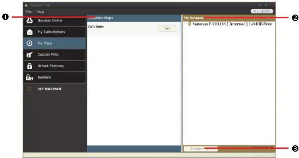Navman F10 File Help Navman Online My Subscriptions My Maps Custom POIs Unlock Features Redeem MY NAVMAN Loadable Maps DVD Drive Open My Navman Navman F-410 LM (Internal) 1.8-4GB Free Remove Web