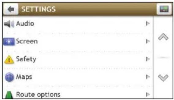 SETTINGS Audio Screen Safety Maps Route options