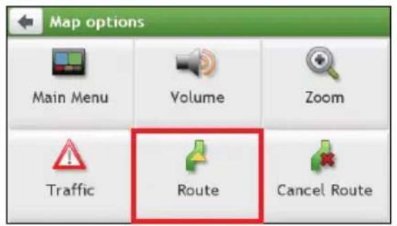 Map options Main Menu Volume Zoom Traffic Route Cancel Route
