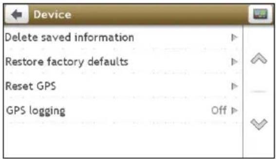 Device Delete saved information Restore factory defaults Reset GPS GPS logging Off