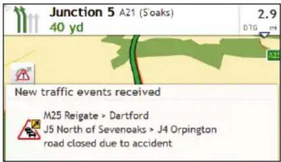 Junction 5 A21 (S'oaks) 40 yd 2.9 DTG mi A21 New traffic events received M25 Reigate > Dartford J5 North of Sevenoaks > J4 Orpington road closed due to accident