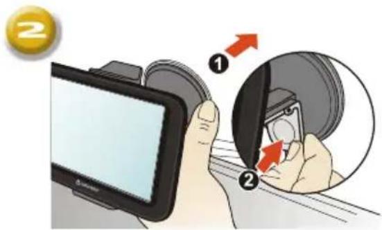 Diagram showing a hand holding a tablet device with two labeled parts (① and ②) and directional arrows indicating action or movement.