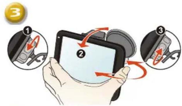 Illustration showing a hand holding a tablet with three labeled steps and directional arrows indicating motion or rotation.