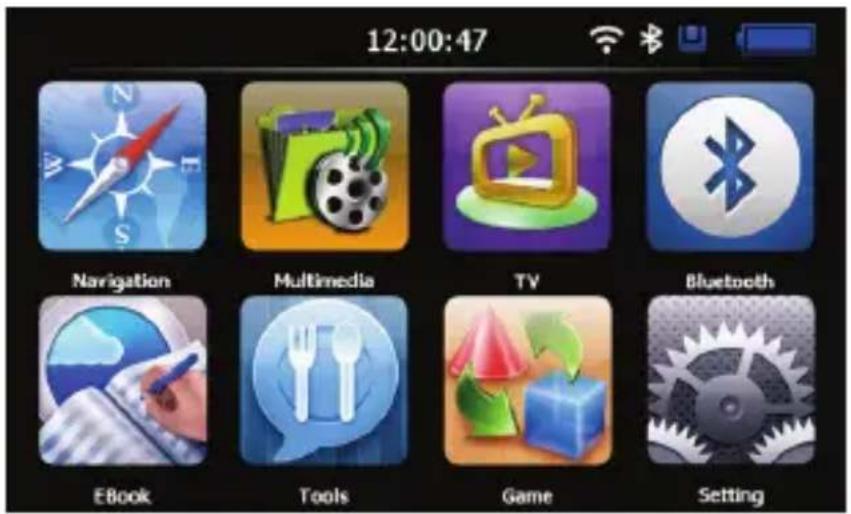 12:00:47 Navigation Multimedia TV Bluetooth EBook Tools Game Setting