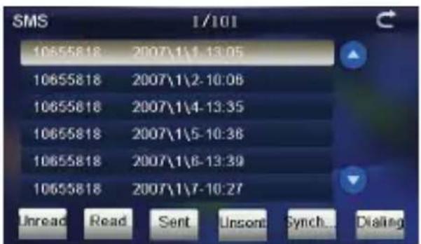 SMS 1/101 10655818 2007\1\1-13:05 10655818 2007\1\2-10:06 10655818 2007\1\4-13:35 10655818 2007\1\5-10:36 10655818 2007\1\6-13:39 10655818 2007\1\7-10:27 Unread Read Sent Unsond Synch... Dialing