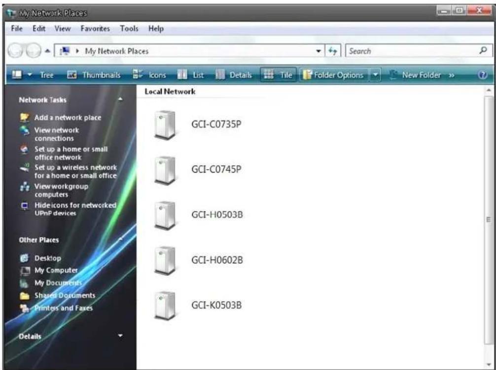 My Network Places File Edit View Favorites Tools Help My Network Places Search Tree Thumbnails Icons List Details Tile Folder Options New Folder >> Network Tasks Add a network place View network connections Set up a home or small office network Set up a wireless network for a home or small office Viewworkgroup computers Hide icons for networked UPnP devices Other Places Desktop My Computer My Documents Shared Documents Printers and Fares Details Local Network GCI-C0735P GCI-C0745P GCI-H0503B GCI-H0602B GCI-K0503B