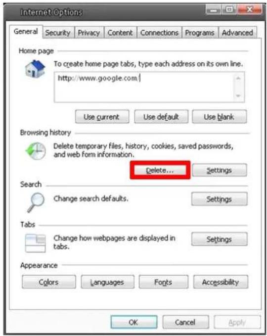 Internet Options General Security Privacy Content Connections Programs Advanced Home page To create home page tabs, type each address on its own line. http://www.google.com/ Use current Use default Use blank Browsing history Delete temporary files, history, cookies, saved passwords, and web form information. Delete... Settings Search Change search defaults. Settings Tabs Change how webpages are displayed in tabs. Settings Appearance Colors Languages Fonts Accessibility OK Cancel Apply