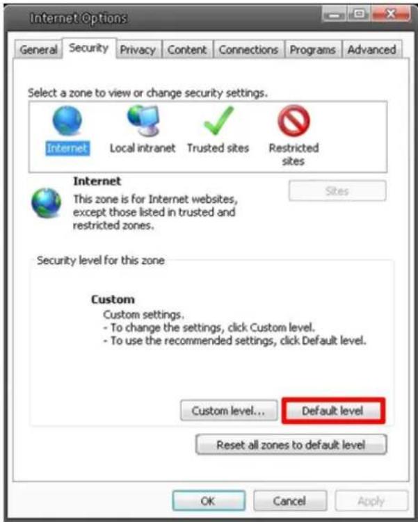 Internet Options General Security Privacy Content Connections Programs Advanced Select a zone to view or change security settings. Internet Local intranet Trusted sites Restricted sites Internet This zone is for Internet websites, except those listed in trusted and restricted zones. Security level for this zone Custom Custom settings. - To change the settings, click Custom level. - To use the recommended settings, click Default level. Custom level... Default level Reset all zones to default level OK Cancel Apply