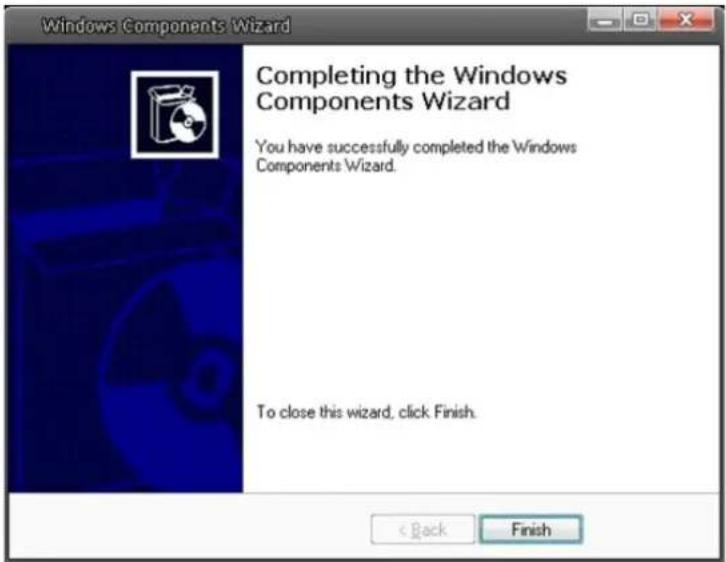Windows Components Wizard Completing the Windows Components Wizard You have successfully completed the Windows Components Wizard. To close this wizard, click Finish.