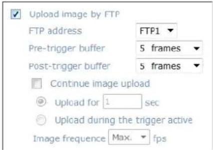 Upload image by FTP FTP address FTP1 Pre-trigger buffer 5 frames Post-trigger buffer 5 frames Continue image upload Upload for 1 sec Upload during the trigger active Image frequency Max. fps