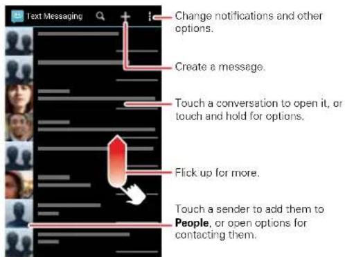Text Messaging Change notifications and other options. Create a message. Touch a conversation to open it, or touch and hold for options. Flick up for more. Touch a sender to add them to People, or open options for contacting them.