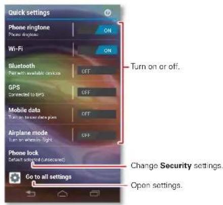 Quick settings Phone ringtone ON Wi-Fi ON Bluetooth OFF GPS OFF Mobile data OFF Airplane mode OFF Phone lock Default selected (Unsecured) Change Security settings. Go to all settings Open settings.