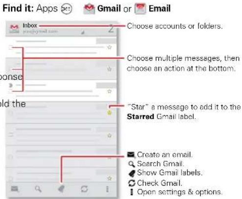 Find it: Apps Gmail or Email Inbox Choose accounts or folders. Choose multiple messages, then choose an action at the bottom. Id the "Star" a message to add it to the Starred Gmail label. Create an email. Search Gmail. Show Gmail labels. Check Gmail. Open settings & options.