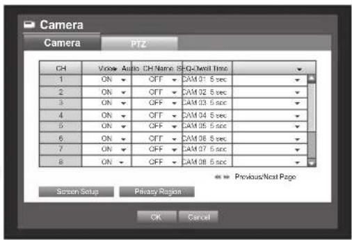 Camera PTZ CH Voice Audio CH Name S/O/Next Time 1 ON OFF CAM 01 5 sec 2 ON OFF CAM 02 5 sec 3 ON OFF CAM 03 5 sec 4 ON OFF CAM 04 5 sec 5 ON OFF CAM 05 5 sec 6 ON OFF CAM 06 5 sec 7 ON OFF CAM 07 5 sec 8 ON OFF CAM 08 5 sec Previous/Next Page Screen Setup Privacy Region OK Cancel