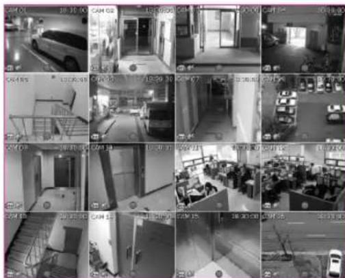 Grid of surveillance cameras and vehicle photos showing locations in a retail or office setting with visible camera numbers and timestamps