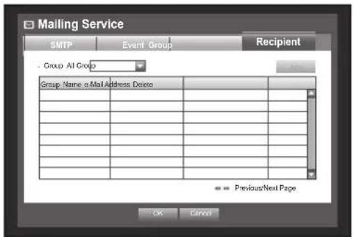 Mailing Service SMTP Event Group Recipient - Group: All Groups Group Name a Mail Address Delete Previous/Next Page OK Cancel