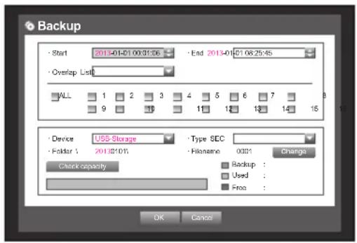 Backup Start 2013-01-01 00:31:06 End 2013-01-01 08:25:45 Overlap List ALL 1 2 3 4 5 6 7 9 10 11 12 13 14 15 Device USB Storage Type SEC Folder 1 2013/01/11 Filename 0001 Change Check capacity Backup : Used : Free : OK Cancel