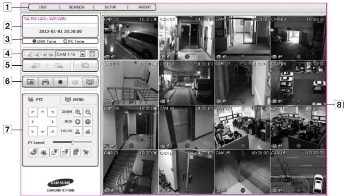 1 LIVE | SEARCH | SETUP | ABOUT 192.166.1.200 / SDR-5200 2013-01-01 18:30:00 ● DVR Time ○ PC Time 1 4 9 16 CAM 1-16 CAM 01 18:30:00 CAM 02 18:30:00 CAM 03 18:30:00 CAM 04 18:30:00 CAM 05 18:30:00 CAM 06 18:30:00 CAM 07 18:30:00 CAM 08 18:30:00 CAM 09 18:30:00 CAM 10 19:30:00 CAM 11 19:30:00 CAM 12 19:30:00 CAM 13 18:30:00 CAM 14 19:30:00 CAM 15 19:30:00 CAM 16 19:30:00 PTZ MENU 200H IRIS FOCUS SAMSUNG SAMSUNG TECHWIN 8