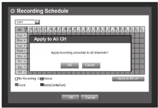 Recording Schedule CH1 Apply to All CH Apply recording schedule to all channels? OK Cancel No Recording Continuous Event Batch(Conti&Event) Apply to All CH OK Cancel