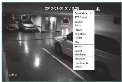2013-01-01 01:10:25 Scene Mode ▶ PTZ Control Zoom in Audio Freeze Stop Alarm Recovery Play Search Backup Main Menu Shutdown Hide Launcher Logout