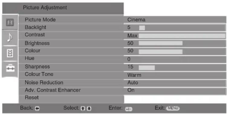 SONY Bravia KDL-20B4030E - Picture Adjustment menu - 1
