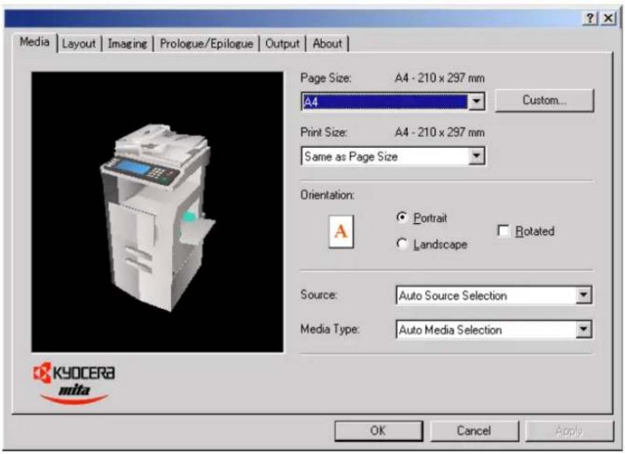 Media Layout Imaging Prologue/Epilogue Output About Page Size: A4 - 210 x 297 mm A4 Custom... Print Size: A4 - 210 x 297 mm Same as Page Size Orientation: A Portrait Rotated Landscape Source: Auto Source Selection Media Type: Auto Media Selection OK Cancel Apply KYOCERA mita