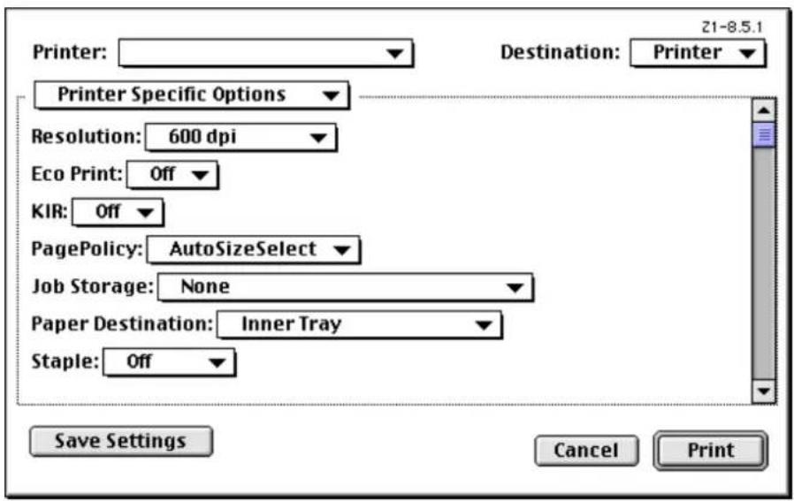 Printer: Destination: Printer Printer Specific Options Resolution: 600 dpi Eco Print: Off KIR: Off PagePolicy: AutoSizeSelect Job Storage: None Paper Destination: Inner Tray Staple: Off Save Settings Cancel Print
