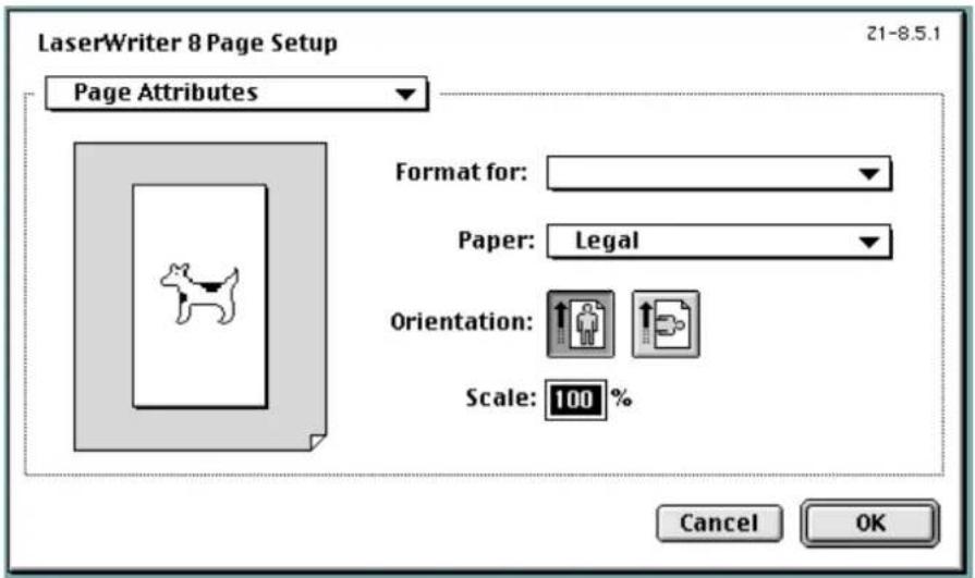 LaserWriter 8 Page Setup 21-8.5.1 Page Attributes Format for: Paper: Legal Orientation: Scale: 100 % Cancel OK