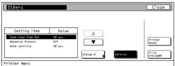 Others Close Setting 1 item Value Farm Feed Time Out 38 sec. Resource Protect Off Auto continue 38 sec. Printer Reset Change # Service Printer menu