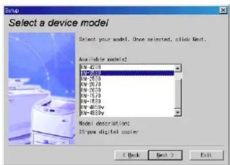 Setup Select a device model Select your model. Once selected, click Next. Available model: DN-4230 DN-4830 DN-2630 DN-2670 DN-2650 DN-1570 DN-1630 DN-4850v DN-4830v Model description: 35-pin digital copier < Back Next > Exit