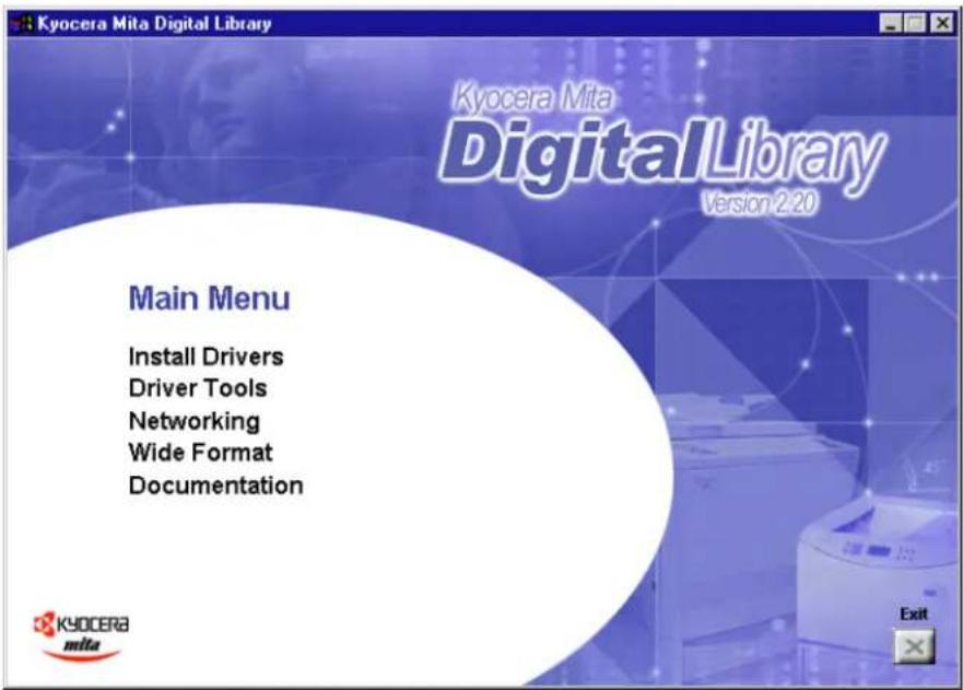 Kyocera Mita Digital Library Kyocera Mita DigitalLibrary Version 2.20 Main Menu Install Drivers Driver Tools Networking Wide Format Documentation Kyocera mita