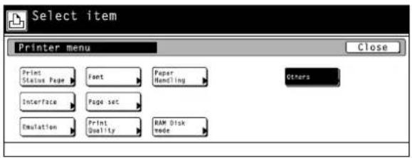 Select item Printer menu Close Print Status Page Font Paper Handling Interface Page set Emulation Print Quality RAM Disk mode Others