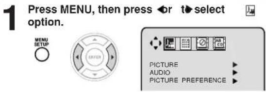 1 Press MENU, then press or to select option. MENU SETUP PICTURE AUDIO PICTURE PREFERENCE