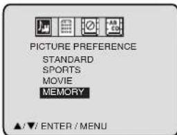 PICTURE PREFERENCE STANDARD SPORTS MOVIE MEMORY ▲/▼/ ENTER / MENU