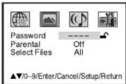 Password Parental Select Files ---- Off All ▲▼0-9/Enter/Cancel/Setup/Return