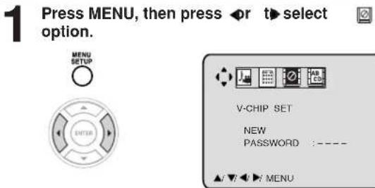 1 Press MENU, then press Or t▶ select option. MENU SETUP V-CHIP SET NEW PASSWORD :---- ▲▼ ▶ ▶ MENU
