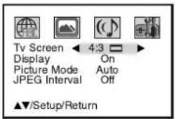Tv Screen Display Picture Mode JPEG Interval 4:3 On Auto Off ▲▼/Setup/Return