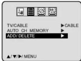 TV/CABLE AUTO_CH,MEMORY ADD/ DELETE ▲/▼/►/ MENU