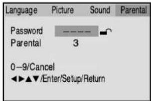 Language Picture Sound Parental Password _______ Parental 3 0-9/Cancel ◄►▲▼/Enter/Setup/Return