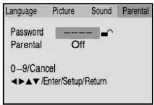 Language Picture Sound Parental Password ———— Parental Off 0—9/Cancel ◄►▲▼/Enter/Setup/Return
