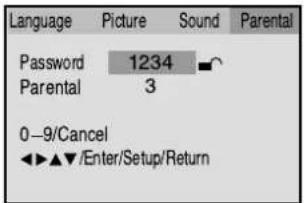 Language Picture Sound Parental Password 1234 Parental 3 0—9/Cancel ◄►▲▼/Enter/Setup/Return