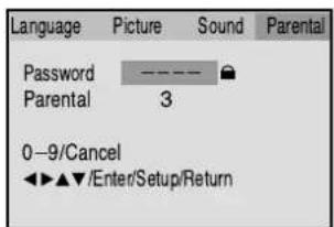 Language Picture Sound Parental Password ———— Parental 3 0—9/Cancel ◄►▲▼/Enter/Setup/Return