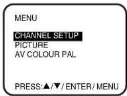 MENU CHANNEL SETUP PICTURE AV COLOUR PAL PRESS:▲/▼/ ENTER/MENU