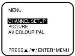 MENU CHANNEL SETUP PICTURE AV COLOUR PAL PRESS:▲ /▼/ ENTER/MENU