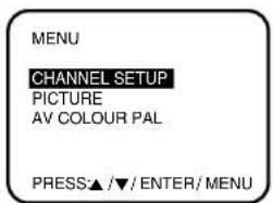 MENU CHANNEL SETUP PICTURE AV COLOUR PAL PRESS▲/▼/ENTER/MENU