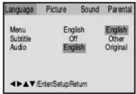 Language Picture Sound Parental Menu English English Subtitle Off Other Audio English Original ◀▶▲▼/Enter/Setup/Return