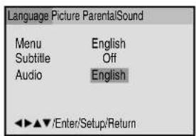 Language Picture ParentalSound Menu English Subtitle Off Audio English ◀◀ ▲▼ /Enter/Setup/Return